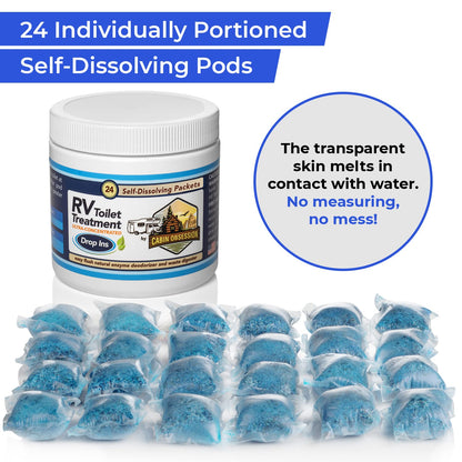 Cabin Obsession RV Toilet Treatment Drop Ins - 24 Easy Flush Self-Dissolving RV Black Tank Treatment Packets - Eliminate Odors and Break Down Waste Within Your RV Holding Tank