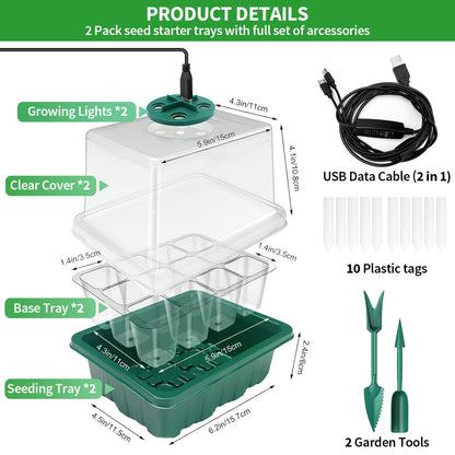 Qoolife Seed Starter Tray with Plant Light, 2 Pack Grow Lights for Seed Starting Kit with Humidity Domes, Timing Controller Adjustable Brightness for Greenhouse Propagator Station Planting Growing