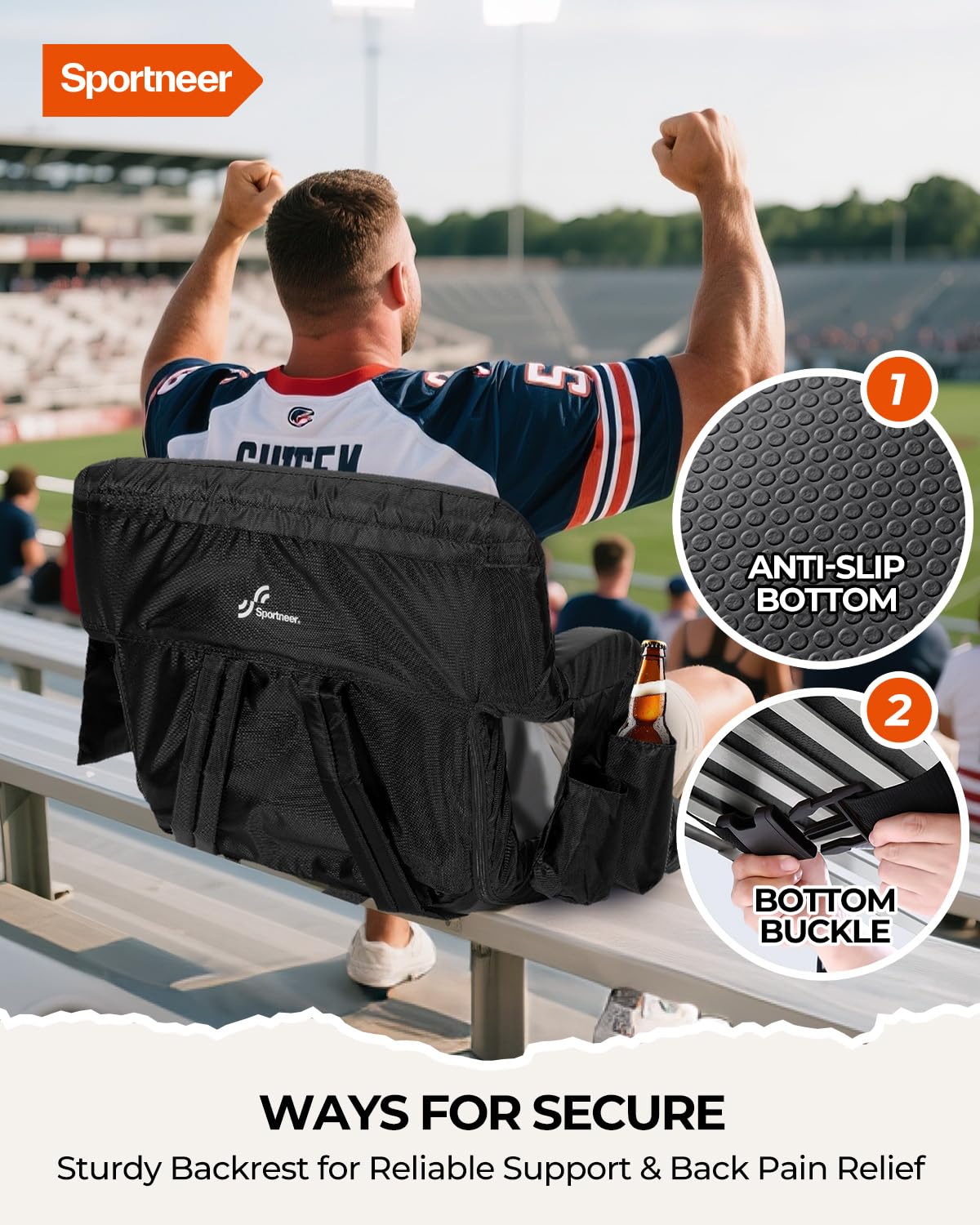 Sportneer Stadium Seats with Back Support: 2.5'' Thick Comfy Cushion 6 Adjustable Angle Bleacher Seat with Armrest - 2 Large Pockets, 2 Cup Holders Stadium Chair for Sport Events Concerts Parks