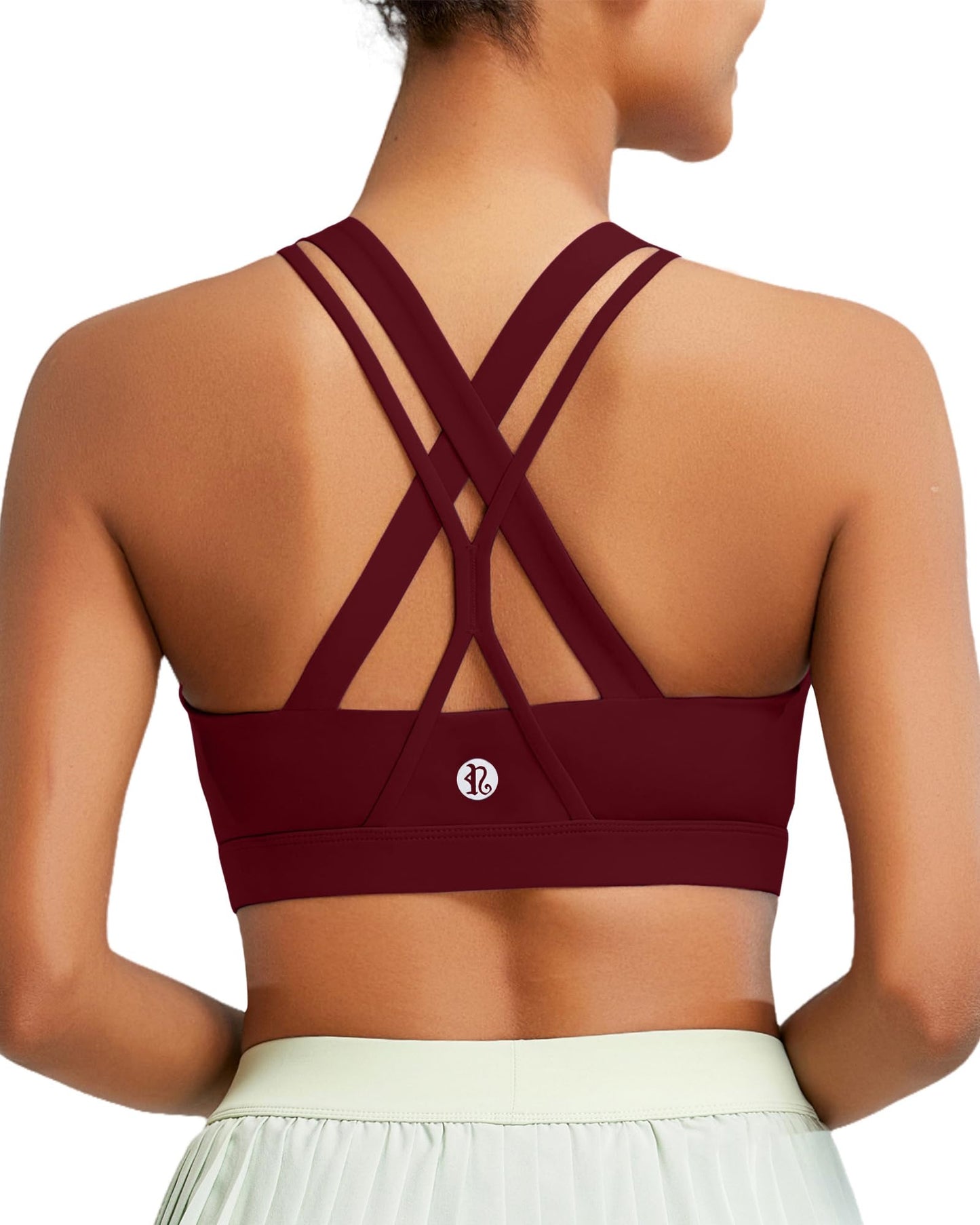 RUNNING GIRL Sports Bras for Women, Criss-Cross Back Padded Strappy Sports Bras Medium Support Yoga Bra with Removable Cups(2919_Wine red_M)
