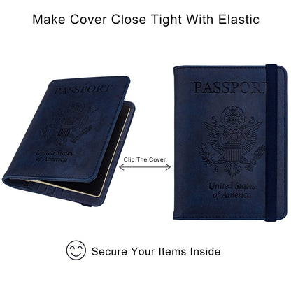 WALNEW Passport Holder Wallet, RFID Blocking Passport Cover Case PU leather Card Holder with Pen and Clear Card Slot for Women Men, Navy Blue