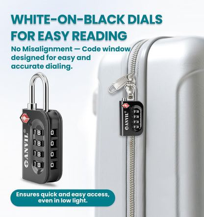 ANVIL TSA Approved Luggage Lock - 4 Digit Combination, 10,000 Combinations, Easy-Read Password Window, Travel Lock for Suitcases, Backpacks, Gym & Student Lockers, Baggage(Yellow 2 Pack)