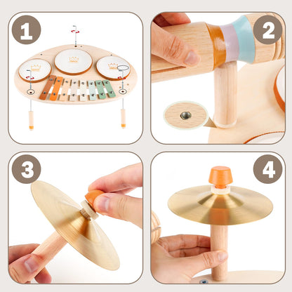 Drum Set - 9 in 1 Musical Instruments for for Toddlers 3+, Wooden Montessori Toys for Boy & Girls Easter Birthday Gifts, Musical Drum Set with Xylophone for Kids 3 4 5 6
