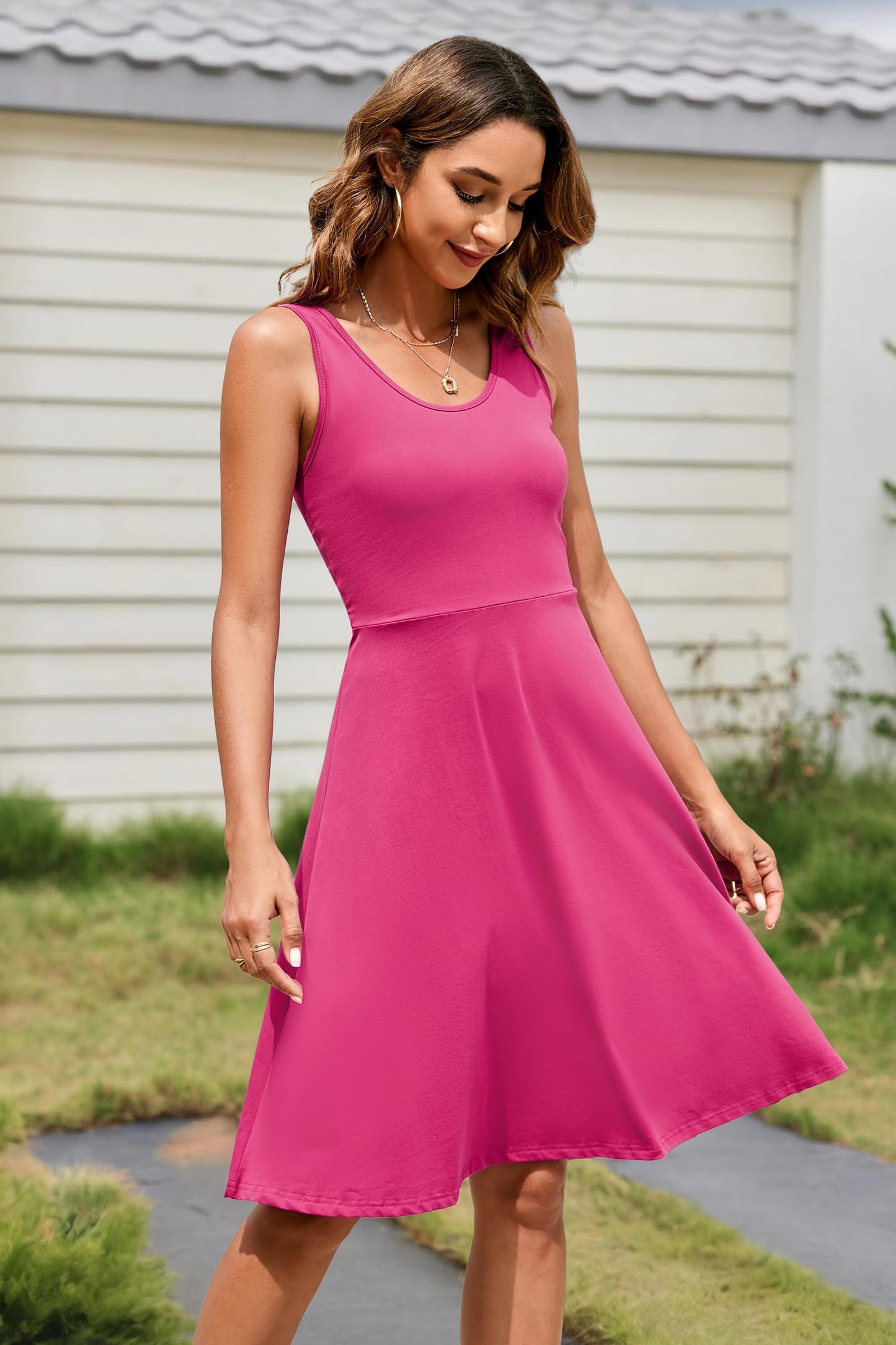 STYLEWORD Pink Dress for Women 2024 Summer Casual Crew Neck A Line Skater Party Holiday Dress Vacation Outfits(Rose,M)