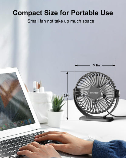 TriPole Small Desk Fan USB Powered Portable Fan 3 Speeds Strong Airflow Mini Fan 360°Rotation Personal Table Fans for Home Office Bedroom Desktop, 5.1 Inch Black, 4.9ft Cable