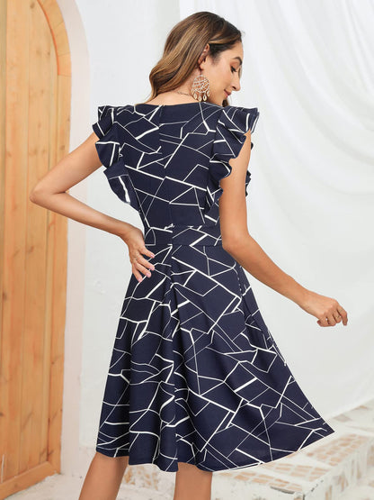 YATHON Women's Vintage Ruffle Floral Flared A Line Swing Casual Cocktail Party Dresses (L, YT001-Blue w Stripe)