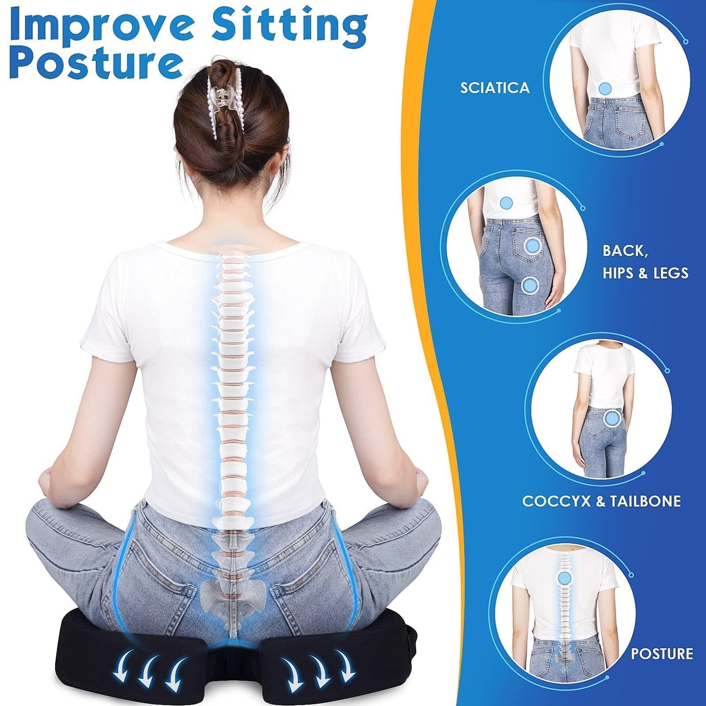 TushGuard Seat Cushion for Office Chair Memory Foam Non-Slip Desk Seat Cushion Back, Coccyx, Sciatica, Tailbone Pain Relief Butt Pillow for Office Chair, Car, Wheelchair, Black