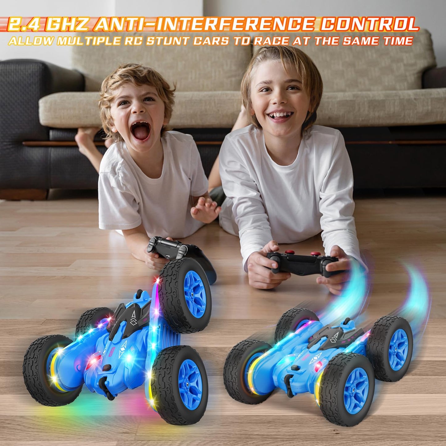 Terucle Remote Control Car, Rc Cars Stunt Kids Toys New Upgraded Strip Lights and Headlights Double-Sided 360° Rotating 4WD Drift Truck for Boys Girls Birthday Gift (Blue)