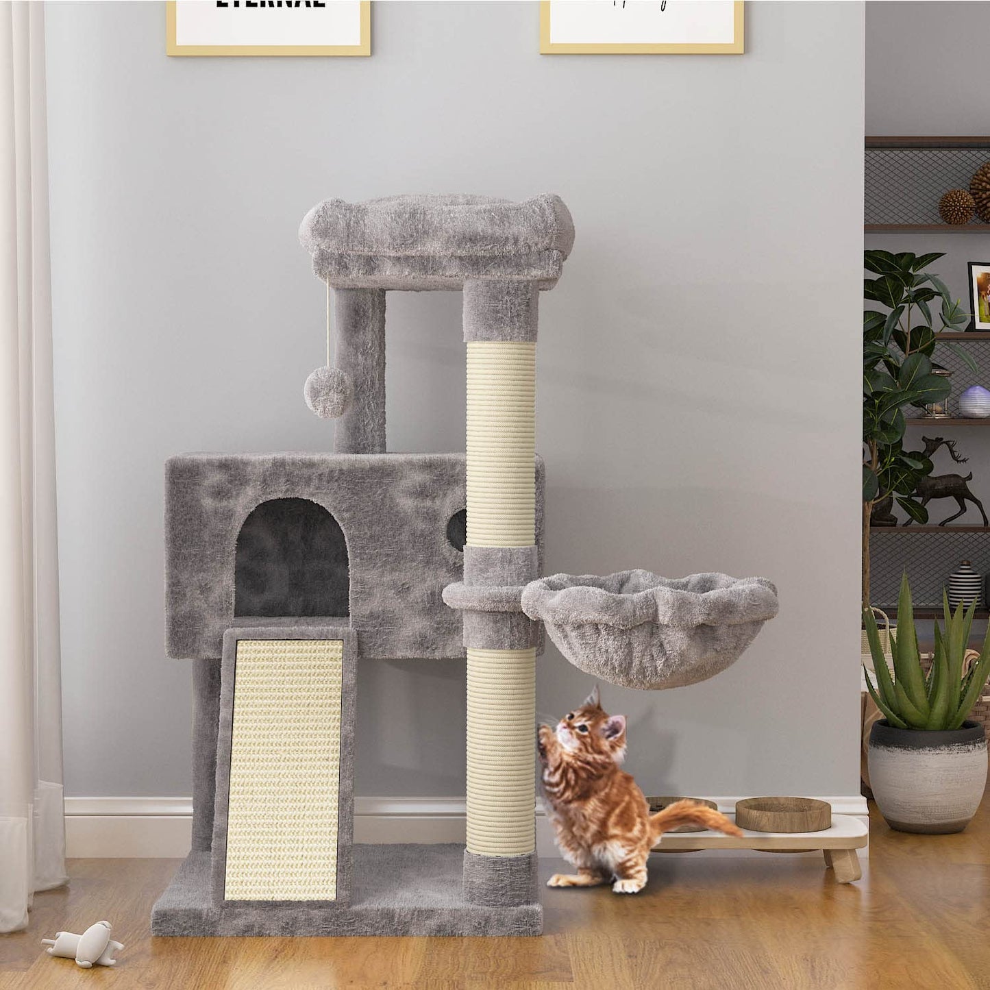 SHA CERLIN Cat Tree 36 Inches Cat Tower with Hammock, Sisal Scratching Post for Indoor Kittens, Small Room, Grey