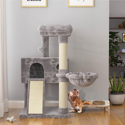 SHA CERLIN Cat Tree 36 Inches Cat Tower with Hammock, Sisal Scratching Post for Indoor Kittens, Small Room, Grey