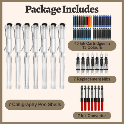 Calligraphy Set, 7 Pcs Fountain Pen with Different Replaceable Nib and 40 Replaceable Ink Cartridge in 11 Color for Beginner Writing and Drawing Calligraphy Kit