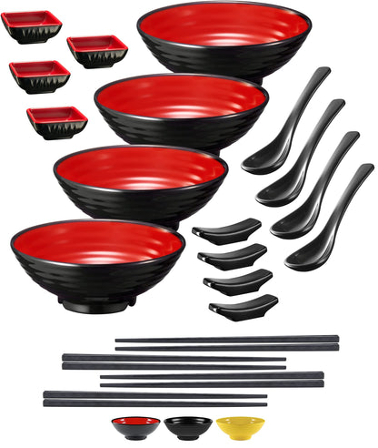 Practimondo 4 Noodle Bowls Set - large 32oz Ramen Bowl Set for authentic Asian Cuisine - with Dipping Bowls, Spoons, Chopsticks & Chopstick Stands. Enjoy Thai Miso Udon Wonton (4 Bowl Set, Red-Black)