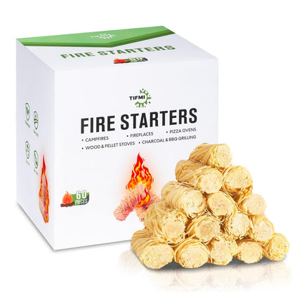 TIFMI Fire Starter - 60 Pcs Fire Starters Kit for Campfires, Fireplace, Grill, Wood & Pellet Stove, Fire Pit, BBQ, Survival, ooni Pizza Ovens, Water Resistant and Odorless Safe for Indoor/Outdoor Use