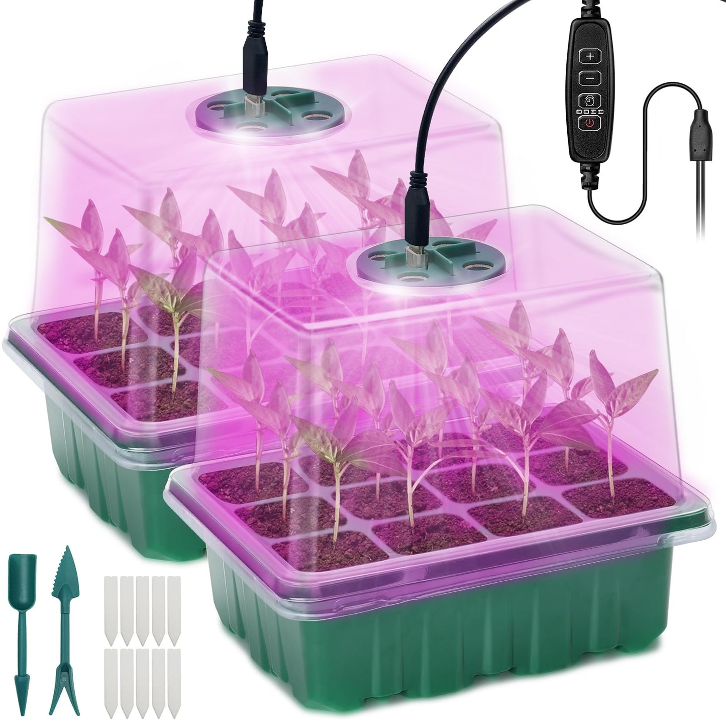 Seed Starter Tray, 2 Pcs Plant Propagation Station with Grow Light,Seedling Starter Trays with Timing Controller,Mini Greenhouse Kit with Humidity Domes and Base,Plant Tray for Seeds Growing Starting
