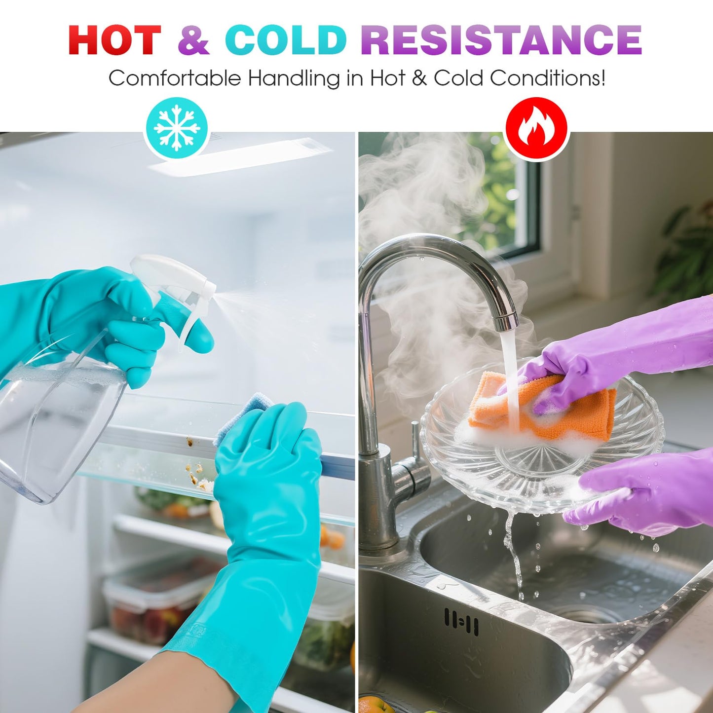 Elgood Reusable Dishwashing Cleaning Gloves with Latex free, Cotton lining,Kitchen Gloves 2 Pairs,Purple+blue Medium