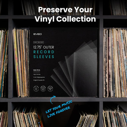 EVEO 200 Vinyl Record Sleeves Outer – Crystal Clear Outer Vinyl Sleeves LP Album Covers 12.75"x12.75" | Perfect Fit Protective 3 Mil Protection for Single & Double LPs - Archival Quality