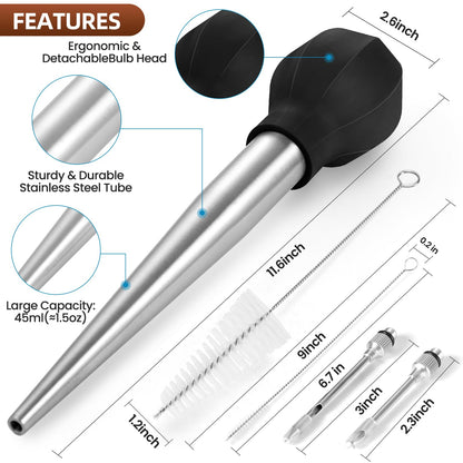 SCHVUBENR Large Turkey Baster with Cleaning Brush & Needle - Stainless Steel Baster Tool for Cooking - Easy to Use and Clean - Heavy Duty Baster Syringe - Flavor Meat Poultry, Beef, Chicken - Black