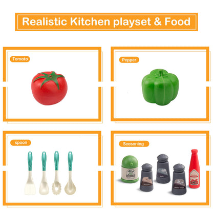 Bruvoalon 32Pcs Kids Play Kitchen Toys Set, Toddlers Pretend Cooking Playset Acccessories with Pots Pans, Utensils Cookware, Foods, Canned Veges, Learning Gift for Kids Girls Boys (Green)