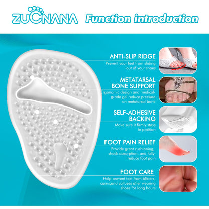 ZUCNANA Ball of Foot Cushions (2 Pairs Gel Shoe Inserts), Heel Inserts for Women, Non Slip Heel Pads, Heel Cushions for Women Foot Pain Relief and Comfort, One Size Fits Any (Clear)