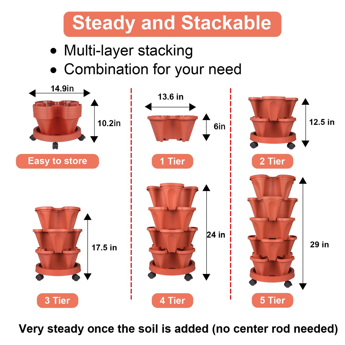 Vertical Planter 5 Tier Stackable Planters Garden Planters Strawberry Herb Flower and Vegetable Planter Indoor Outdoor Gardening Pots with Removable Wheels and Tools