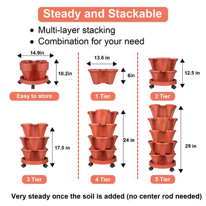 Vertical Planter 5 Tier Stackable Planters Garden Planters Strawberry Herb Flower and Vegetable Planter Indoor Outdoor Gardening Pots with Removable Wheels and Tools