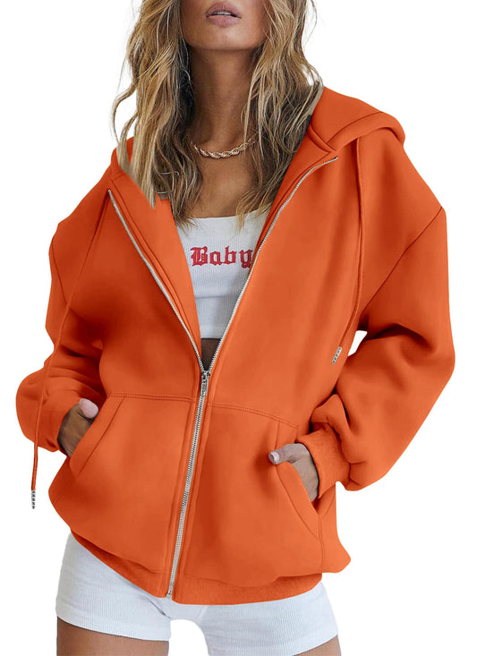 PRETTYGARDEN Women's 2025 Zip Up Y2K Hoodies Casual Long Sleeve Sweatshirts Fall Spring Track Jackets with Pockets (Orange,Large)