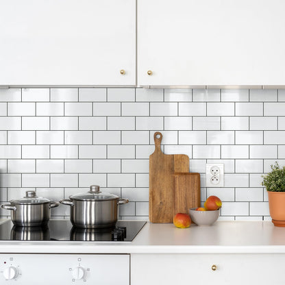 StyloVue 100 Pieces Peel and Stick Backsplash for Kitchen, 3" x 6" PVC Subway Tile 2025 Upgraded Glossy White with Dark Gray Grout Backsplash Stick on Tile Elevate Kitchen, Bathroom, Fireplace,RV