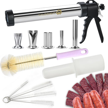 WILDDIGIT Professional Beef Jerky Gun Kits, Stainless Steel Jerky Maker, Jerky Cannon, Meat Gun with 5 Stainless Nozzles and 5 Brushes