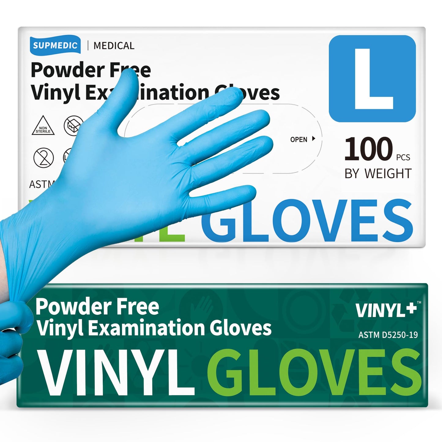 Supmedic Vinyl Disposable Exam Gloves, 4 Mil Powder-Free Latex-Free Food Grade Cooking Cleaning Medical Glove, Blue 100 Pcs (Large)