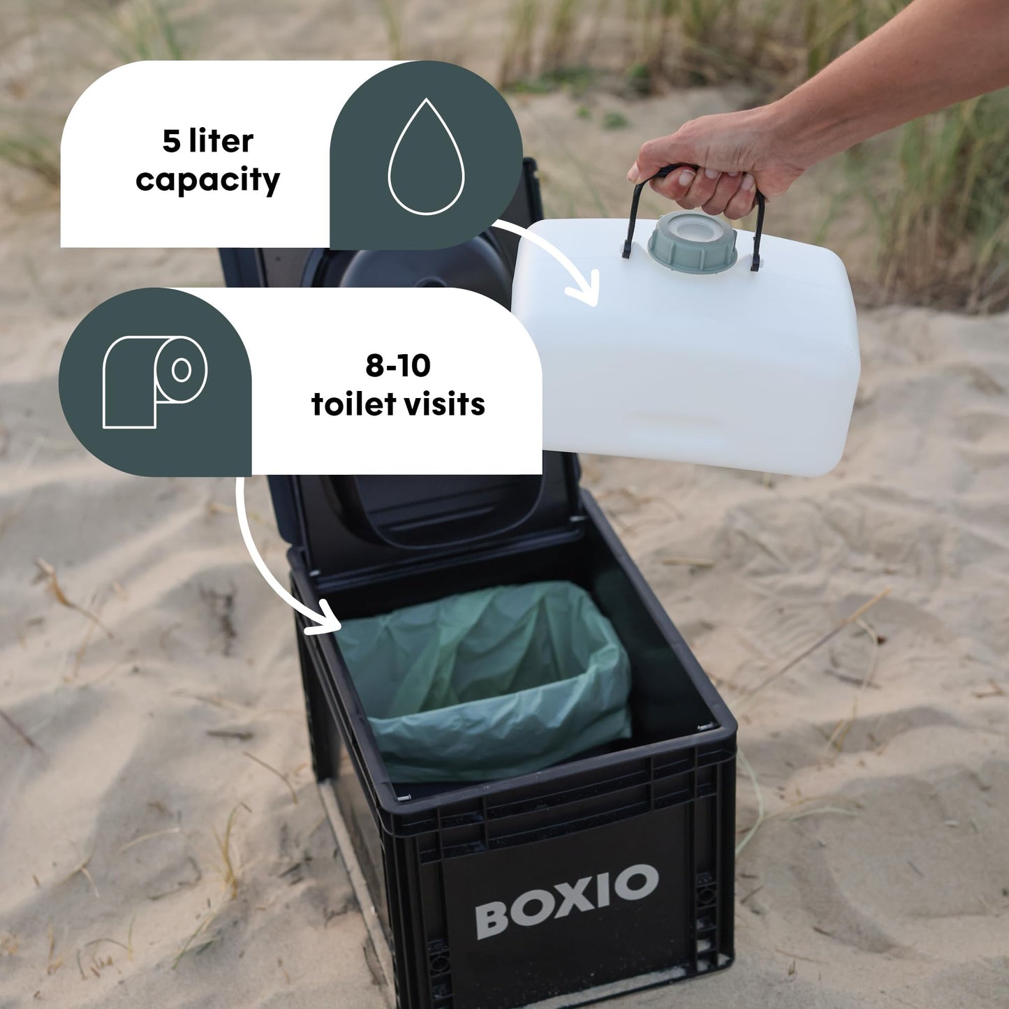 BOXIO TOILET: Portable solution for car trips, boats, hunting or outdoor adventures. Europe's good-selling composting toilet. Compact size: 15.75" x 11.8" x 11"
