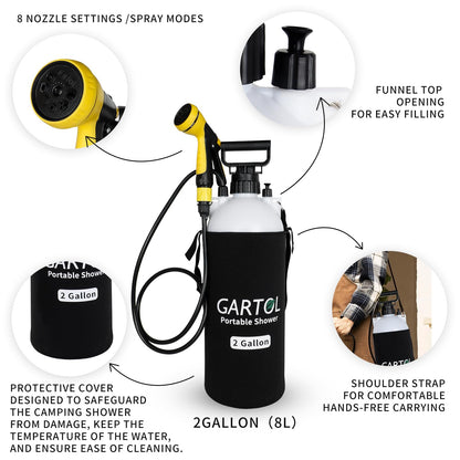 Gartol 2 Gallon Portable Shower with Handheld Showerhead, Silicone Bath Massage Brush, and Thermal Insulation Bag, High-Pressure Camping, Surf, Dog Shower Sprayer