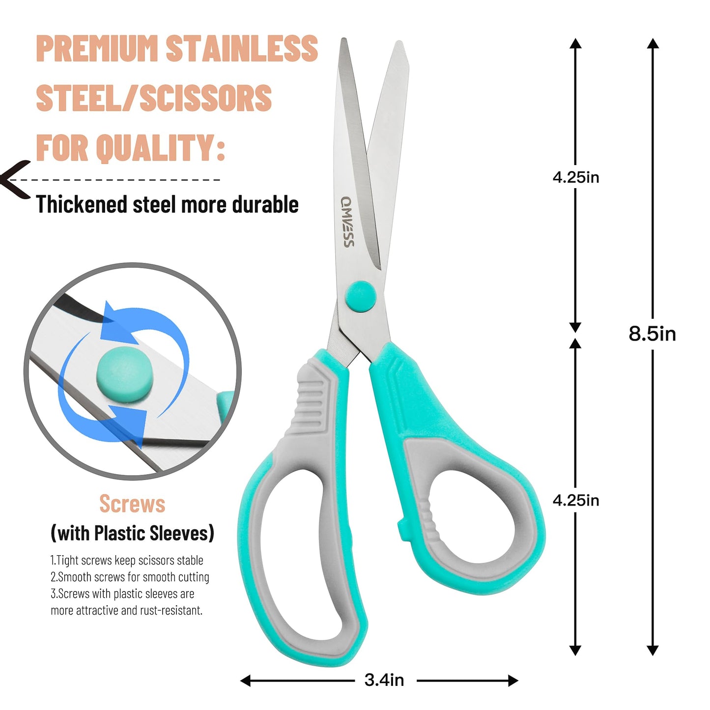 QMVESS 8.5" Scissors All Purpose 3 Pack, Ultra Sharp 2.5mm Thick Blade Scissors for Office, Professional Ergonomic Comfort Grip for Office School Home Fabric Sewing DIY Craft Cutting General Use