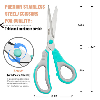 QMVESS 8.5" Scissors All Purpose 3 Pack, Ultra Sharp 2.5mm Thick Blade Scissors for Office, Professional Ergonomic Comfort Grip for Office School Home Fabric Sewing DIY Craft Cutting General Use