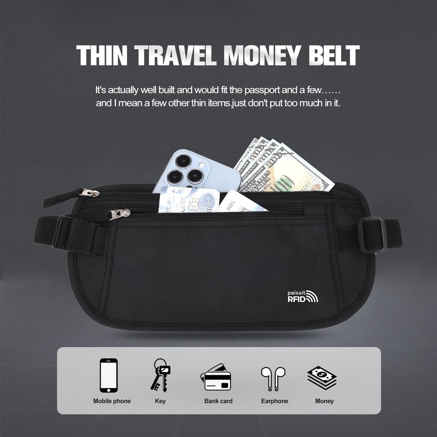 Unisex Money Belt, Slim Passport Holder RFID Blocking Travel Essentials Pouch with Adjustable Strap Small Waist Pouch for Workout Running Travelling Hiking, Black