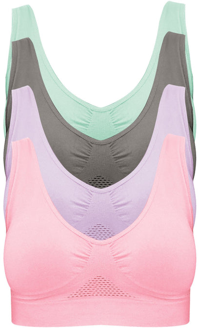 4-Pack Women's Seamless Wireless Cooling Unpadded Comfort Bra (Blue Glass, Lady Pink, Purple Heather, Neutral Gray, X-Large)