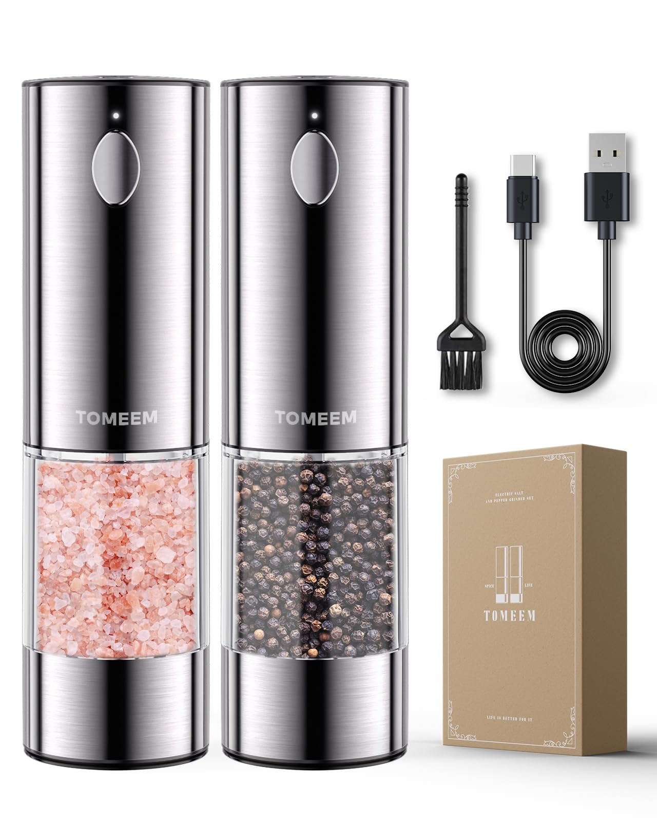 TOMEEM Upgraded Larger Capacity Electric Salt and Pepper Grinder Set Rechargeable with LED lights, Stainless Steel Automatic Pepper and Salt Grinder Refillable with 5 Adjustable Coarseness