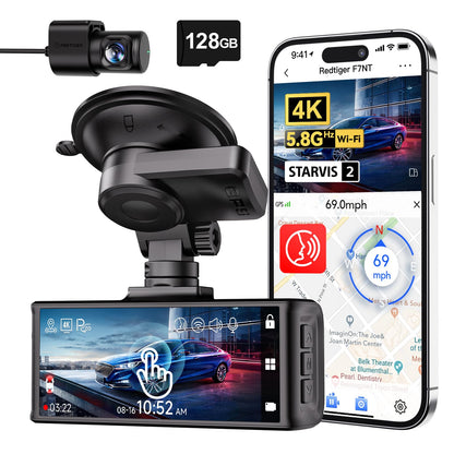 REDTIGER 4K Dash Cam Front and Rear, STARVIS 2 Sensor, Touch Screen 3.18", 128GB Card Included, Voice Control, 5.8GHz WiFi Car Dash Camera, GPS, Night Vision, Emergency Lock, Parking Mode (F7N Touch)