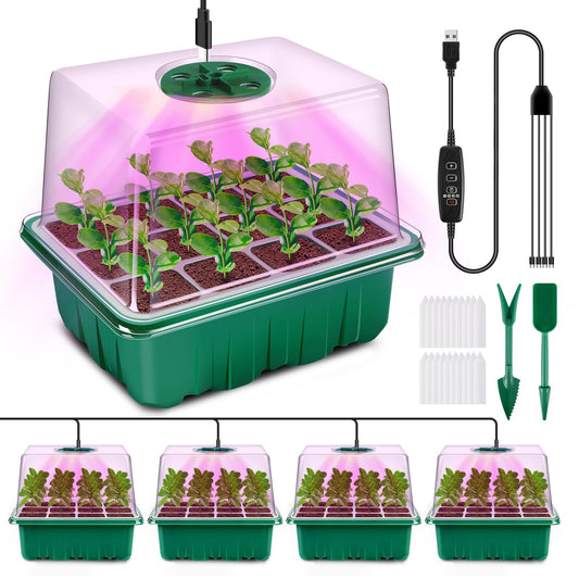 YAUNGEL Seed Starter Tray with Grow Light, 4 Pack Seed Starter Kit with Timing Controller Adjustable Brightness, Thicken Seedling Starter Trays with Humidity Domes Heightened Lids, Gift Box