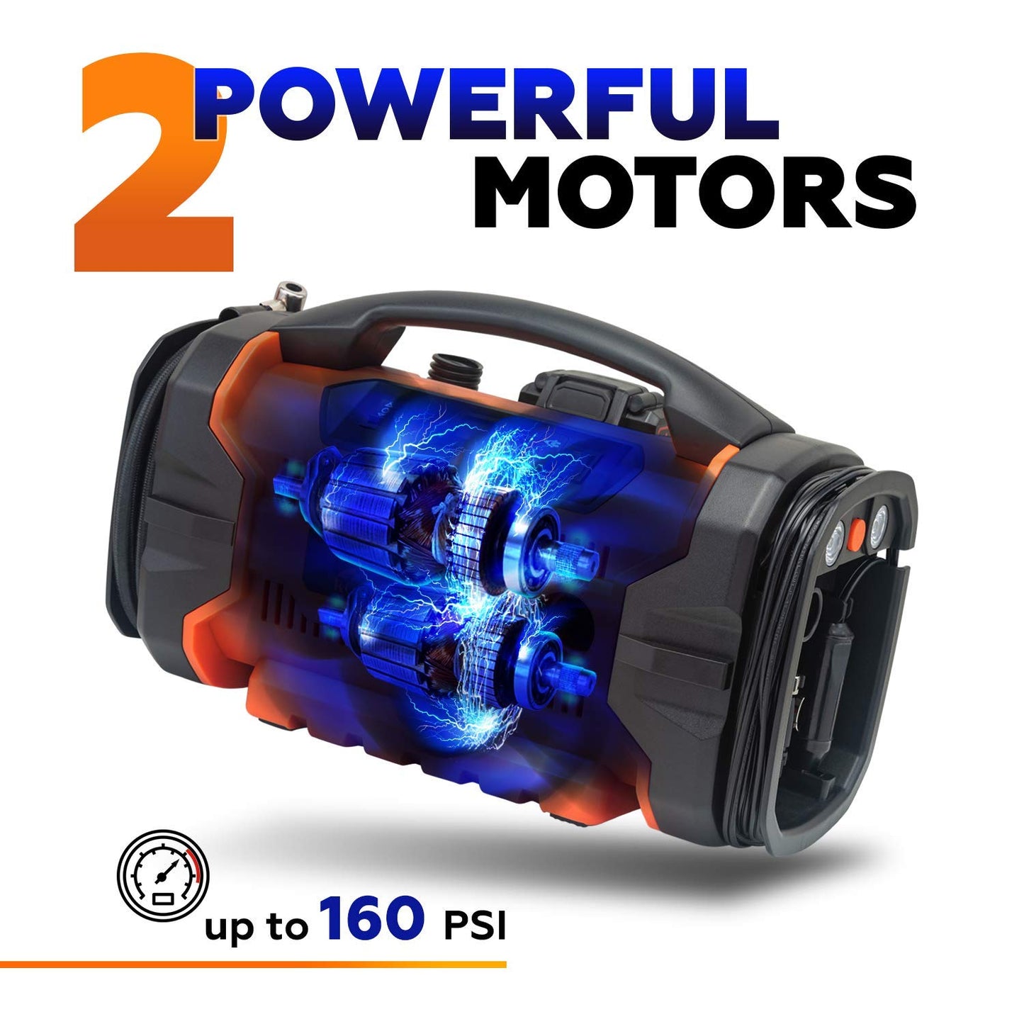 RoofPax Tire Inflator Portable Air Compressor for Car Tires 3 Power Sources AC/DC & Battery Heavy Duty Inflator/Deflator Digital Car Air Pump with Pressure Gauge 12V 110 AC 160 PSI For Car RV & Truck