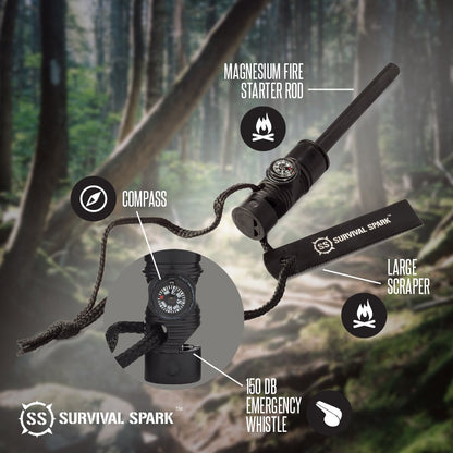 SharpSurvival Spark Fire Starter Kit - Magnesium Ferro Rod Fire Starter Kit with Compass and Whistle - Emergency Fire Starter Survival Multitool for Camping, Hiking, Hunting and more