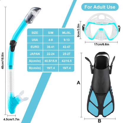 ZEEPORTE Mask Fin Snorkel Set with Adult Snorkeling Gear, Panoramic View Diving Mask, Trek Fin, Dry Top Snorkel +Travel Bags, Snorkel for Lap Swimming