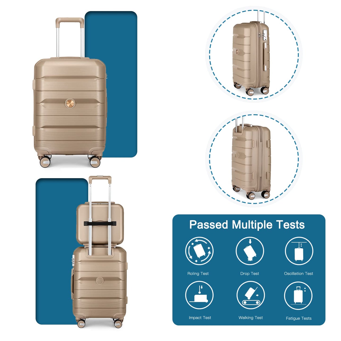 Somago 20" Carry On Luggage and 14" Mini Cosmetic Cases Travel Set Spinner Lightweight Polypropylene Suitcase with TSA Lock YKK Zipper Hardside Luggage Sets 2 Piece (Noble Golden, 2-Piece Set (14/20))