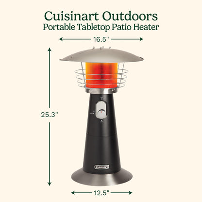 Cuisinart Portable Tabletop Patio Heater, 11,000 BTU Outdoor Propane Heater with Safety Tilt Switch and Adjustable Heat, Burner Screen Guard, 30 sq. Foot Heat Range, Black