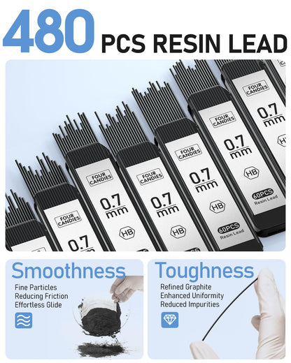 Four Candies Mechanical Graphite Pencil Set, 3pcs Black Metal Pencils with Anti-Skid Grip, Ideal for Artists, Professionals, Teachers and Students