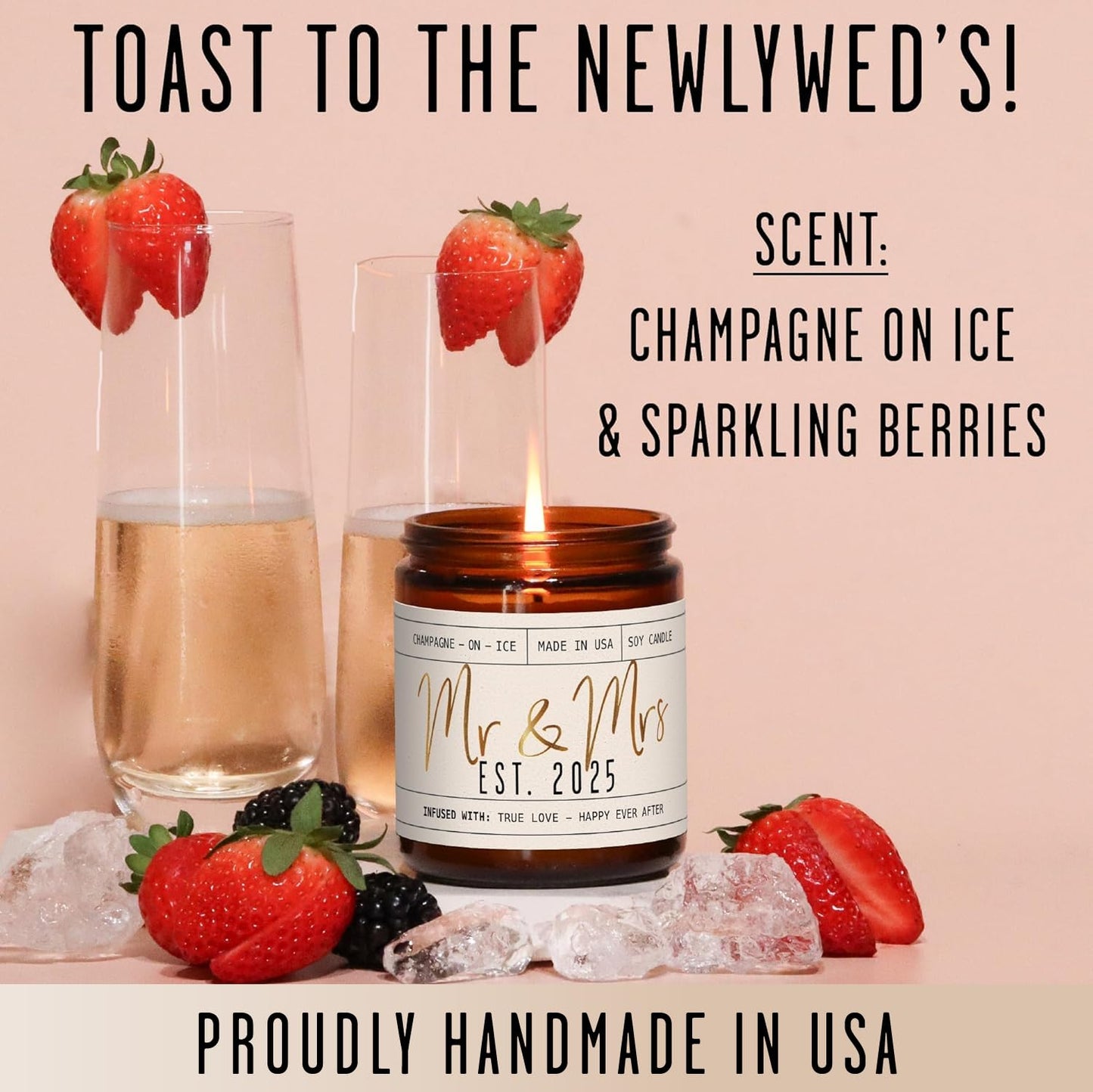 Wedding Gifts for Couples 2025, Bridal Shower Gifts from Bride - 'Mr & Mrs Est. 2025 Candle, w/Champagne on Ice I Wedding Shower for Newlyweds I 50Hr Burn, USA Made