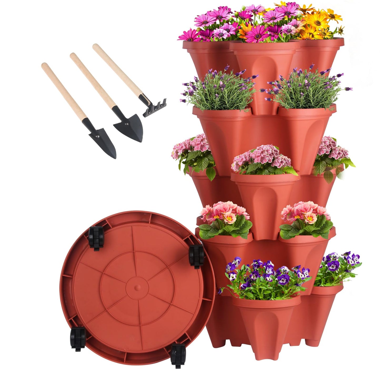 Vertical Planter 5 Tier Stackable Planters Garden Planters Strawberry Herb Flower and Vegetable Planter Indoor Outdoor Gardening Pots with Removable Wheels and Tools