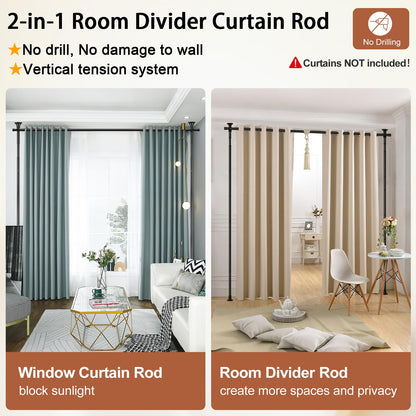 Room Divider, No Drilling Curtain Rod Wall Divider for Space Partition, Adjustable 4-10ft(H) 28-70inch(W) Heavy Duty Floor to Ceiling Tension Rod Dividers Temporary Privacy Separator Window Rods Black