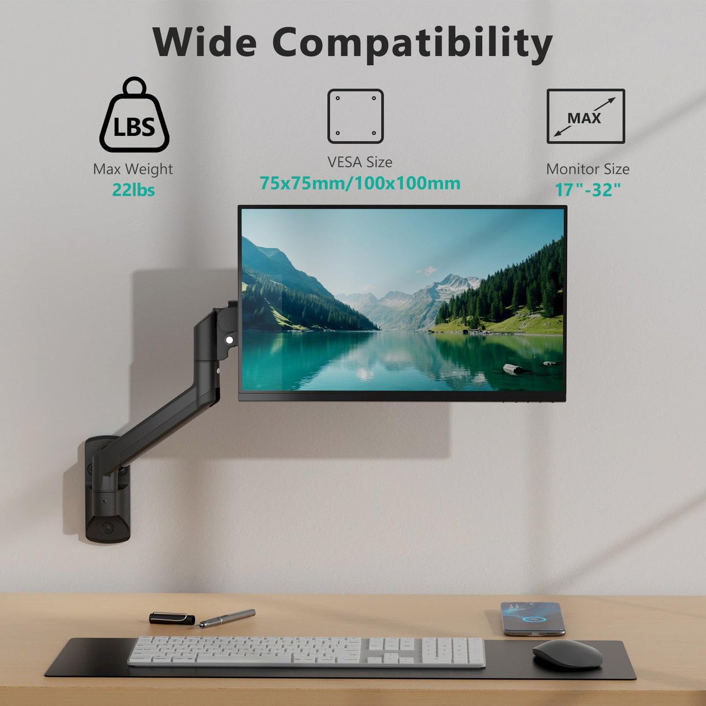 WALI Computer Monitor Wall Mount for 17 to 32 Inch Screens, Single Monitors Mount Holds up to 22lbs, Fully Adjustable Gas Spring Wall Mount Monitor Arm, 75x75/100x100mm VESA Mount (GSWM001), Black