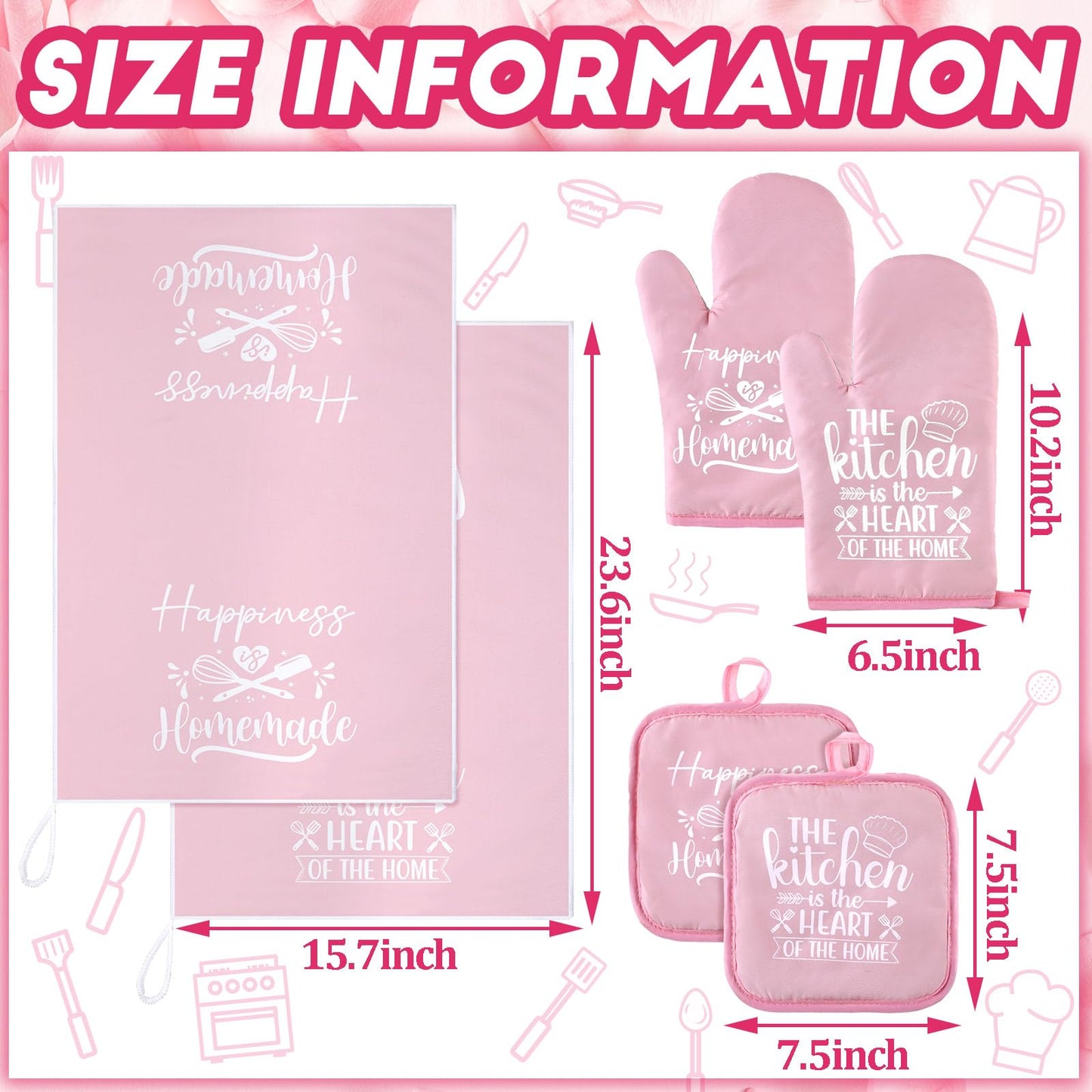 Sratte 6 Pcs Kitchen Decor Accessories Set Farmhouse Towels Pot Holders Oven Mitts Set 2 Dish Towels 2 Potholders 2 Cooking Mittens Oven Glove for Baking Cooking Supply(Pink,Kitchen)