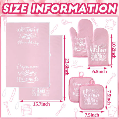 Sratte 6 Pcs Kitchen Decor Accessories Set Farmhouse Towels Pot Holders Oven Mitts Set 2 Dish Towels 2 Potholders 2 Cooking Mittens Oven Glove for Baking Cooking Supply(Pink,Kitchen)